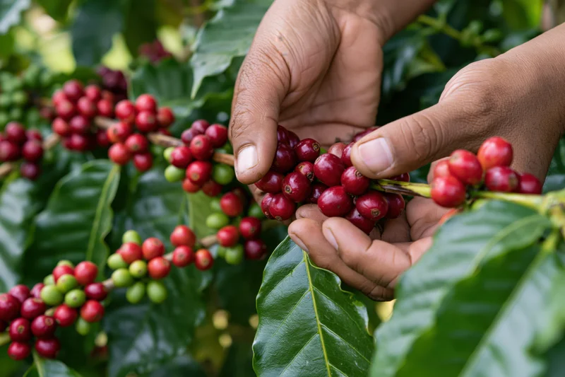 Hands picking ripe red coffee cherries from a leafy branch in a farm setting