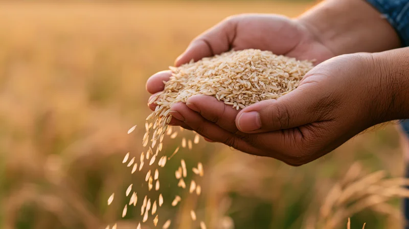Hands cupping rice grains over a golden field during harvest