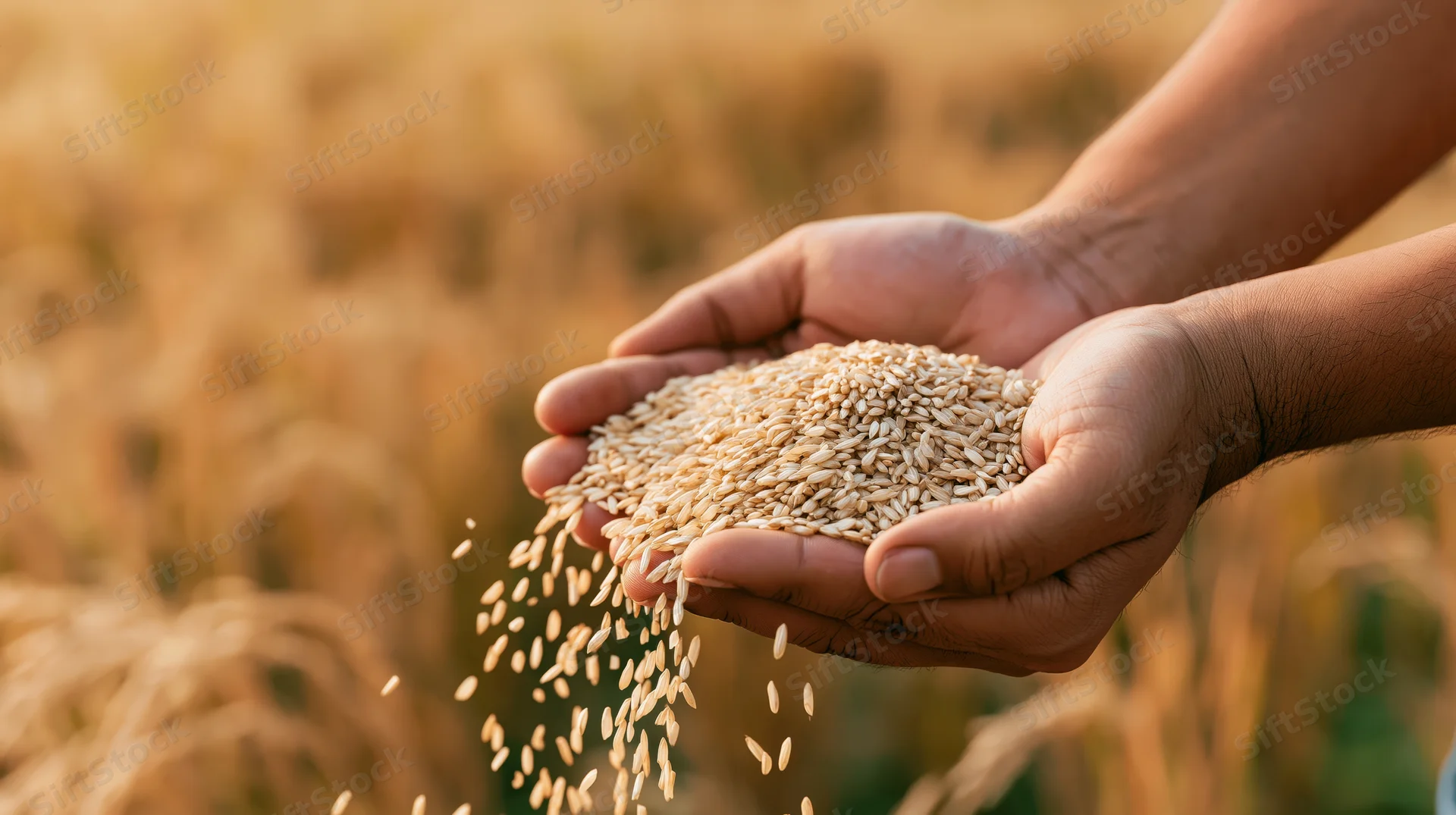 Hands cupping rice grains over a golden wheat field during harvest season