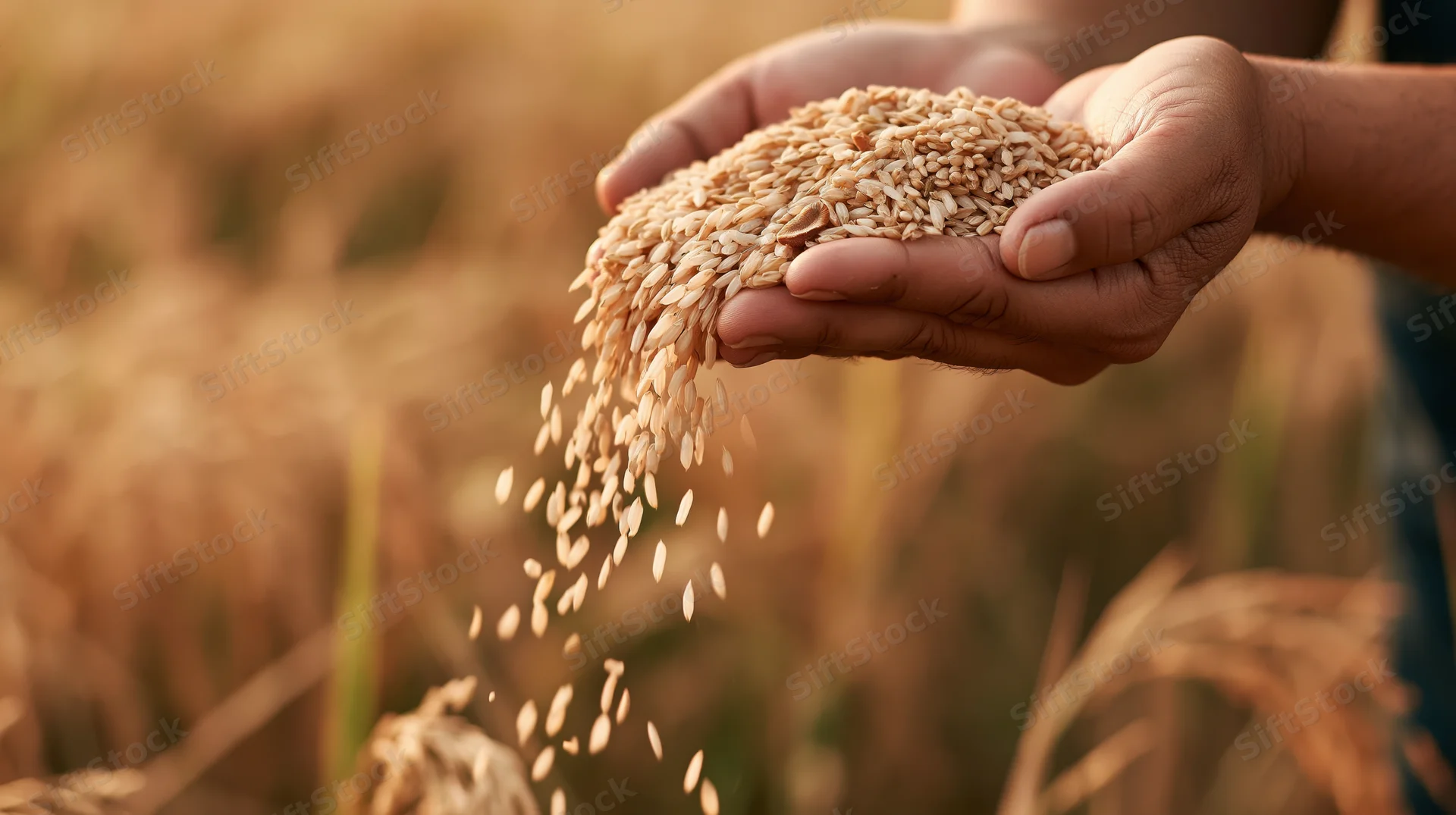Hands cupping rice grains over a golden field during harvest