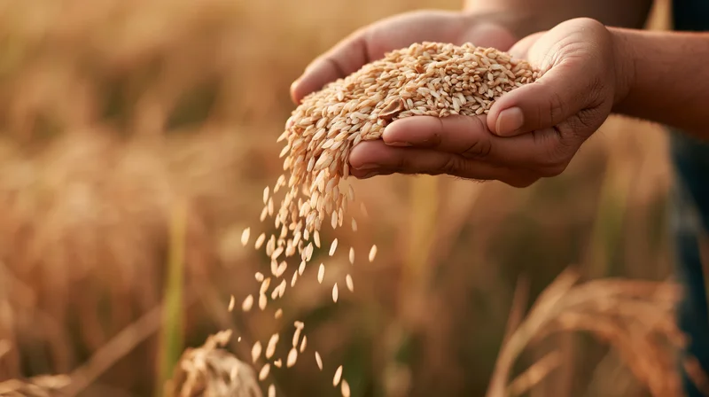 Hands cupping rice grains over a golden field during harvest