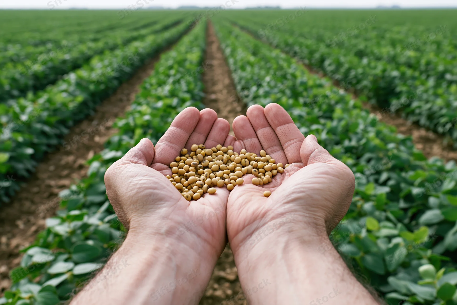 Hands cupping soybeans in front of a soybean field