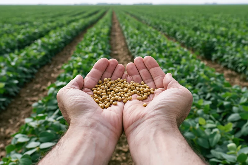 Hands cupping soybeans in front of a soybean field