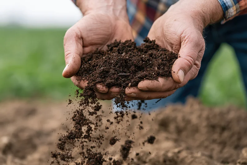 Hands cupping rich dark soil letting it fall in a field