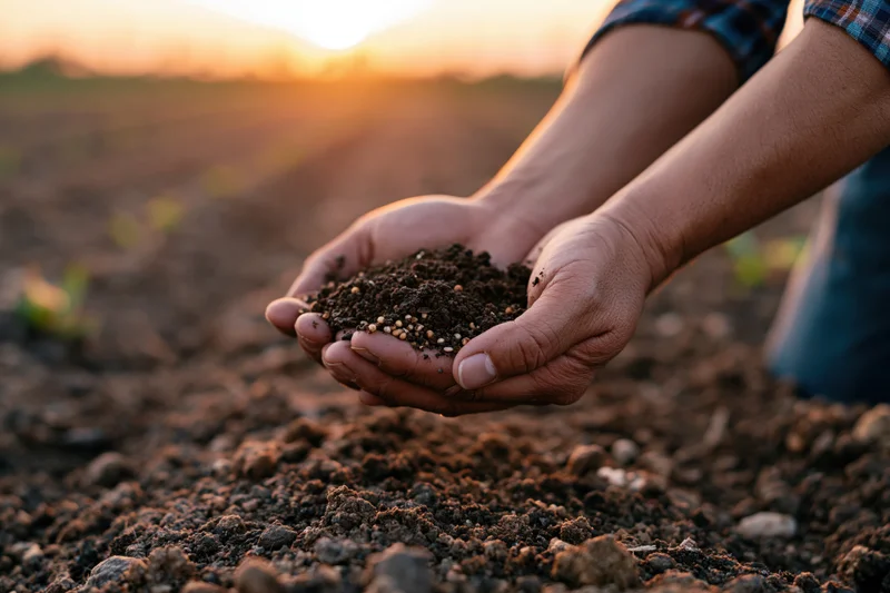 Farmer's hands holding soil in a tilled field at sunset
