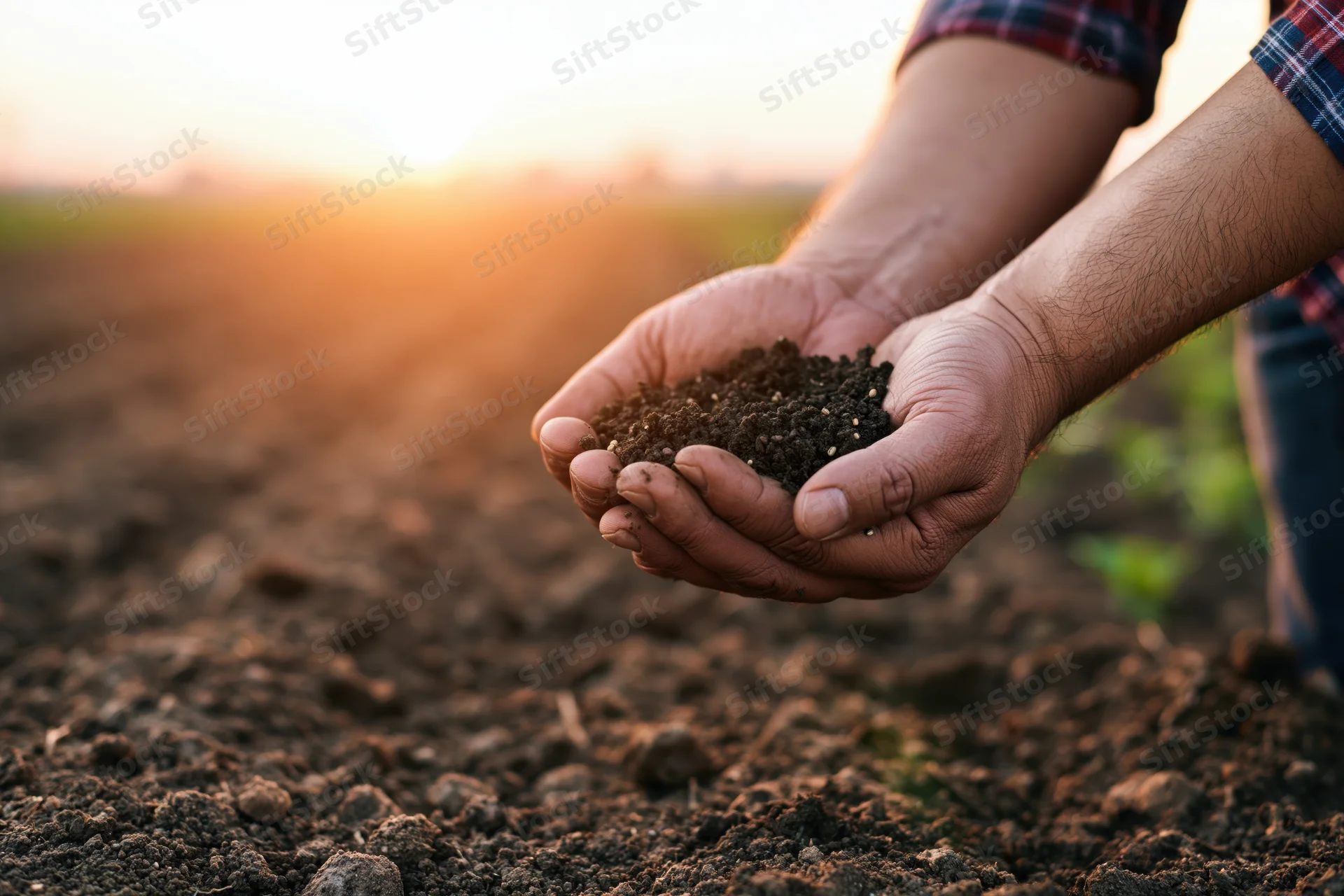 Farmer's hands holding rich soil in a plowed field at sunset