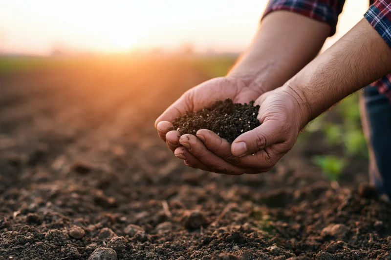 Farmer's hands holding rich soil in a plowed field at sunset
