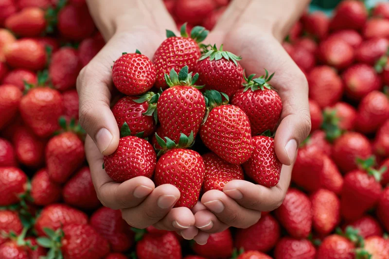 Hands holding fresh strawberries in a field harvest