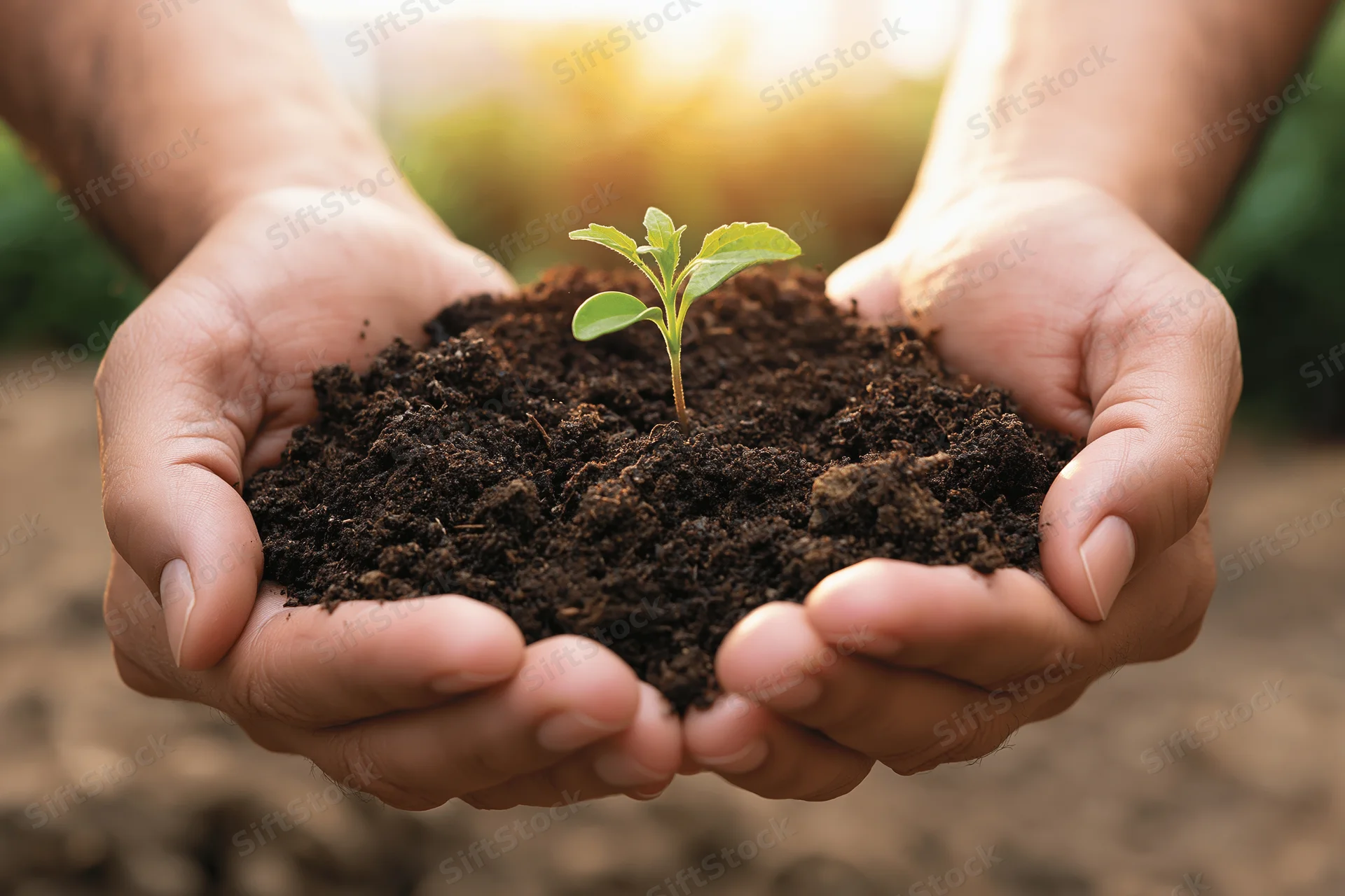 Hands holding soil with a small green seedling in a garden setting