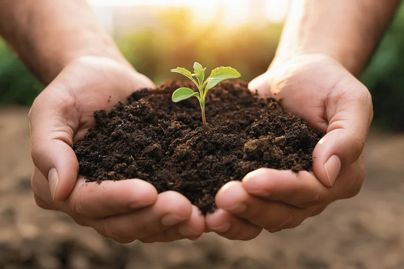 Hands holding soil with a small green seedling in a garden setting
