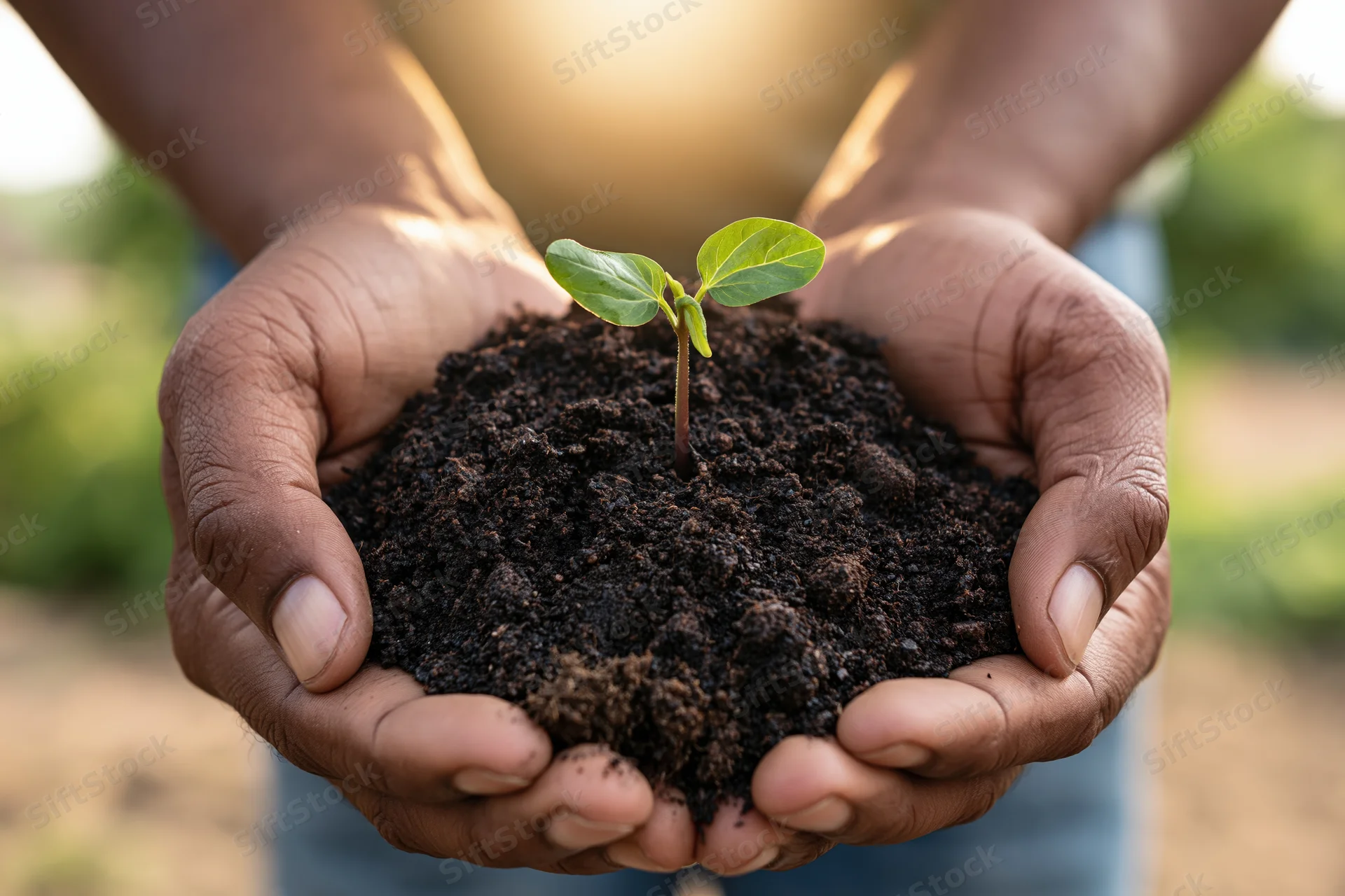 Hands holding soil with a small green seedling sprouting from it outdoors