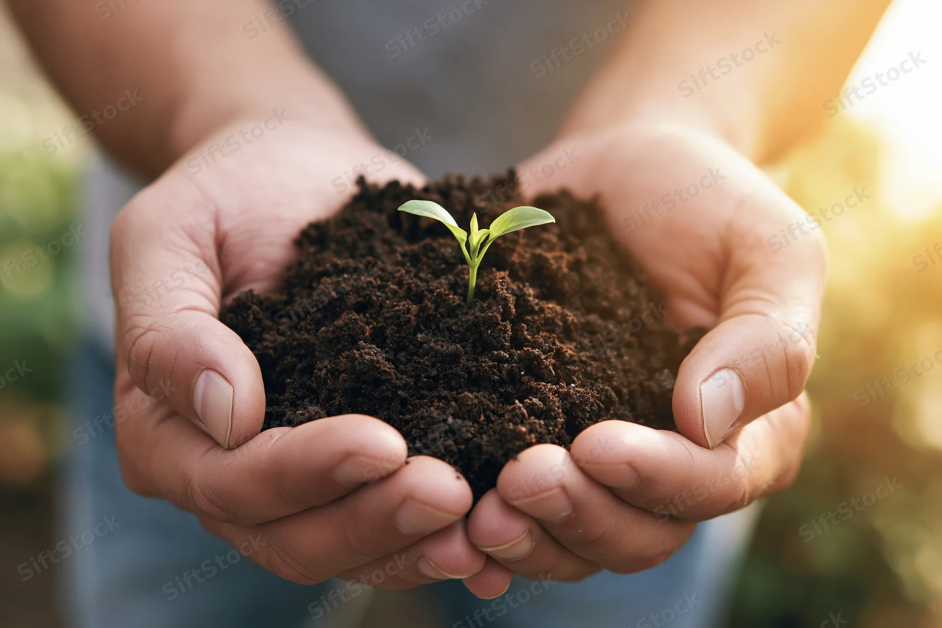 Hands holding soil with a small green seedling sprouting from it outdoors in sunlight