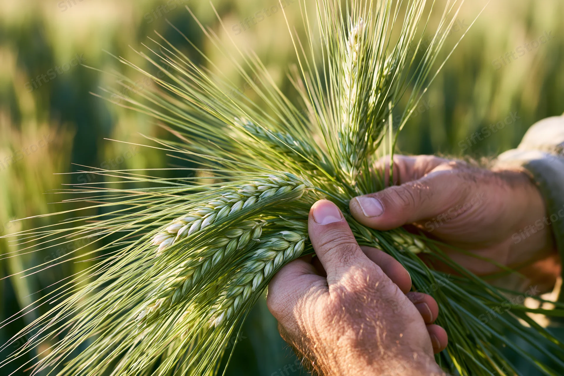Hands holding green wheat ears in a field during daytime