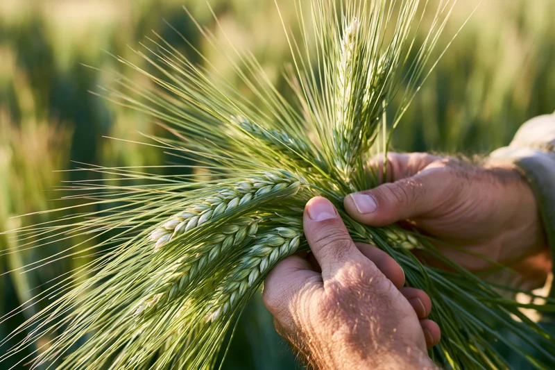 Hands holding green wheat ears in a field during daytime