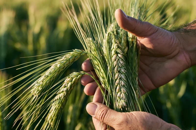 Hands holding green wheat stalks in a field during summer growth