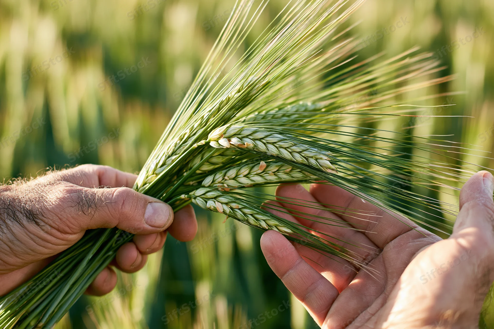 Hands holding wheat stalks in a field during daylight