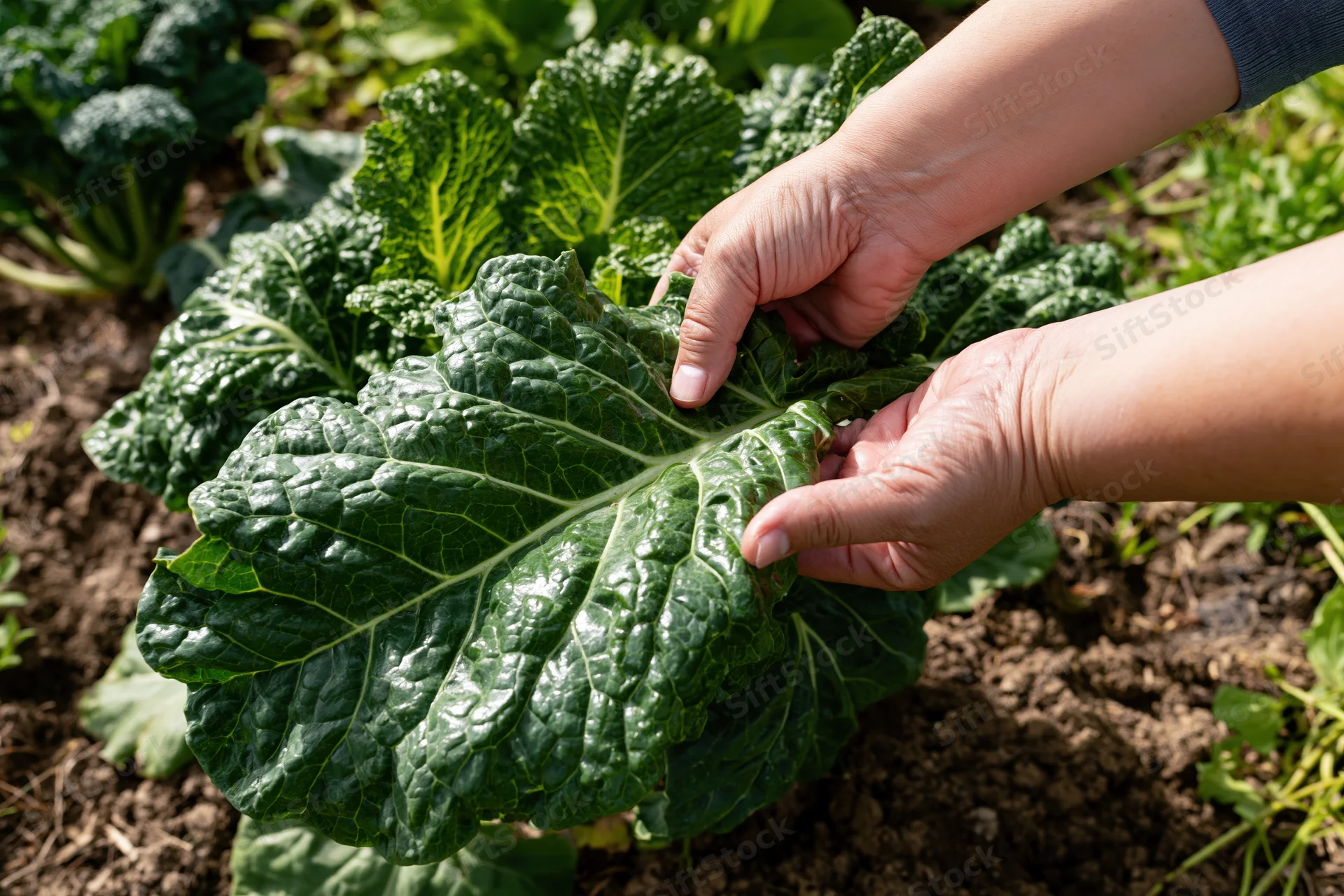 Hands gently holding a leaf of kale in a garden bed