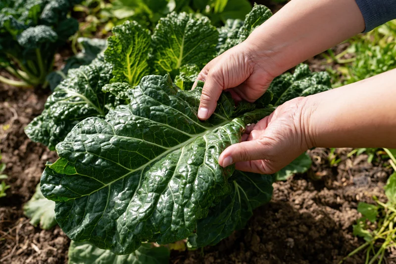 Hands gently holding a leaf of kale in a garden bed