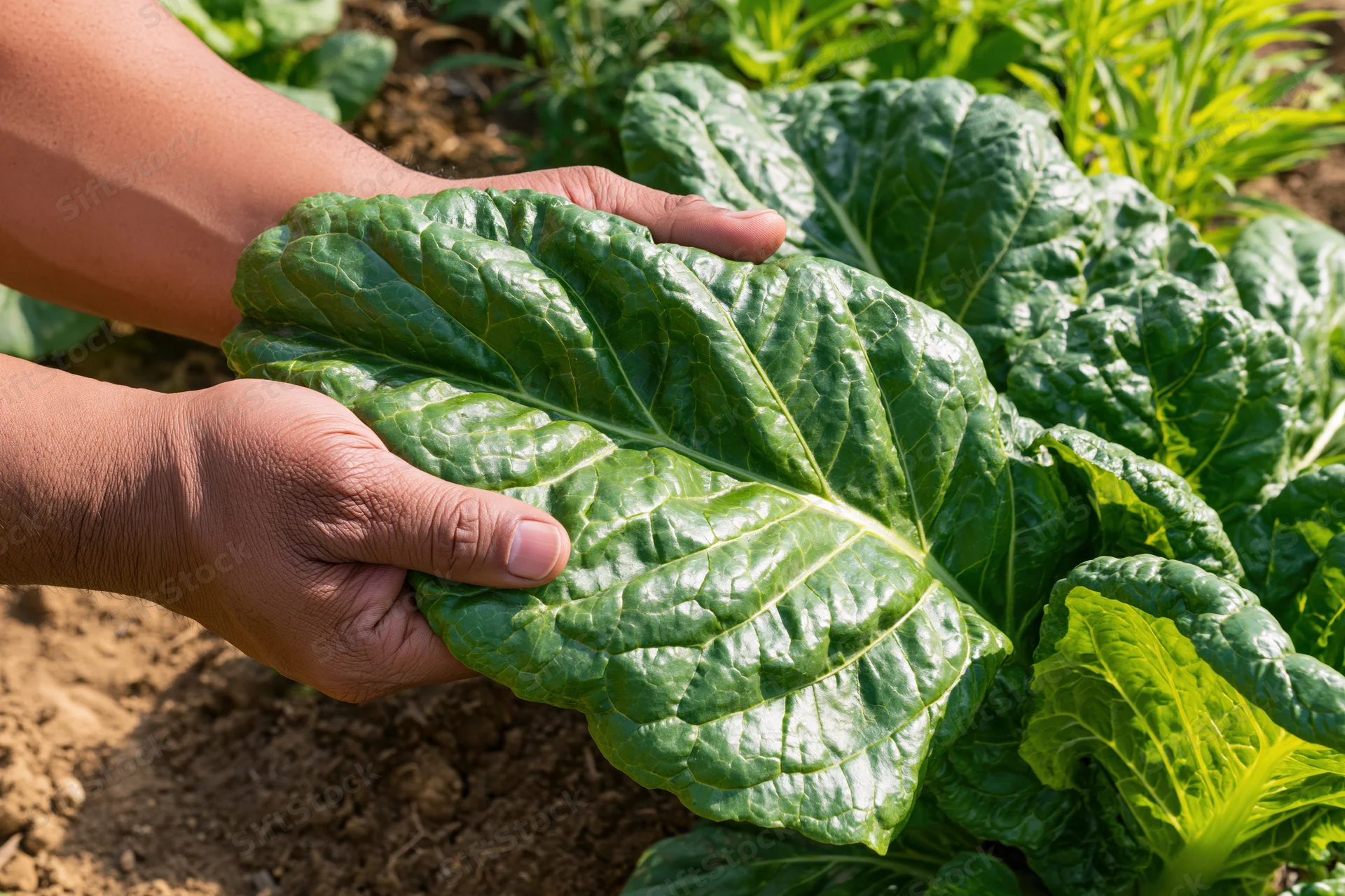 Hands holding a large green leafy vegetable in a garden bed