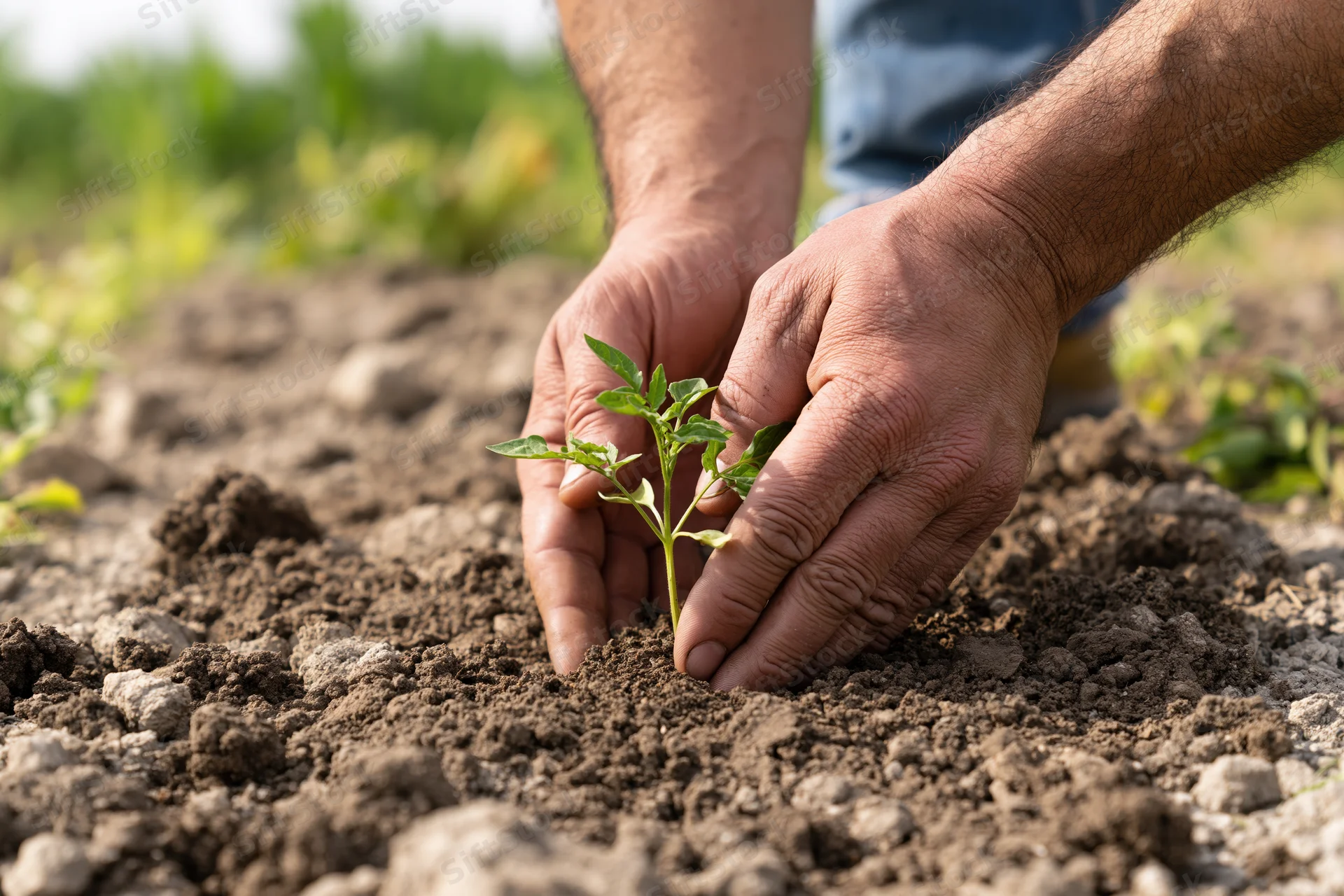 Hands planting a small green seedling in dark soil in a garden field