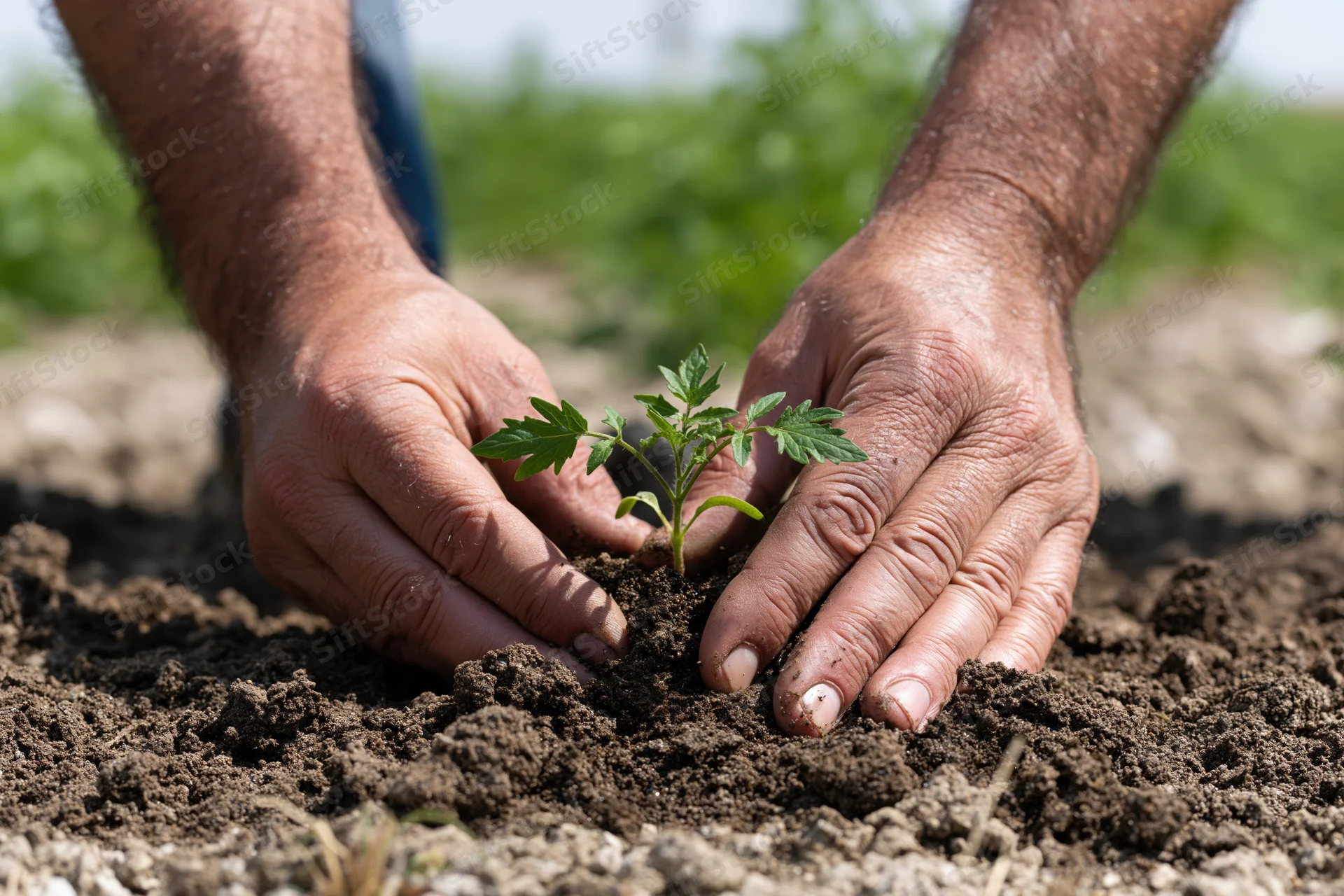 Hands planting a small green seedling in dark soil outdoors