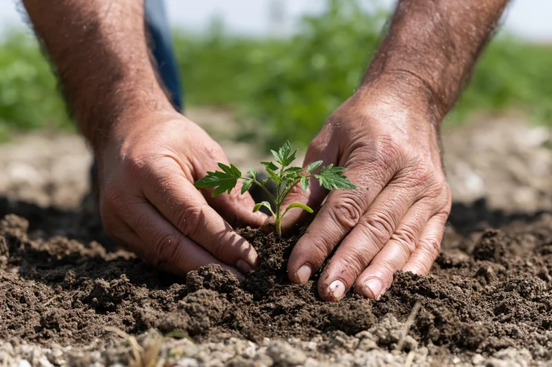 Pair of hands gently preparing soil for a seedling