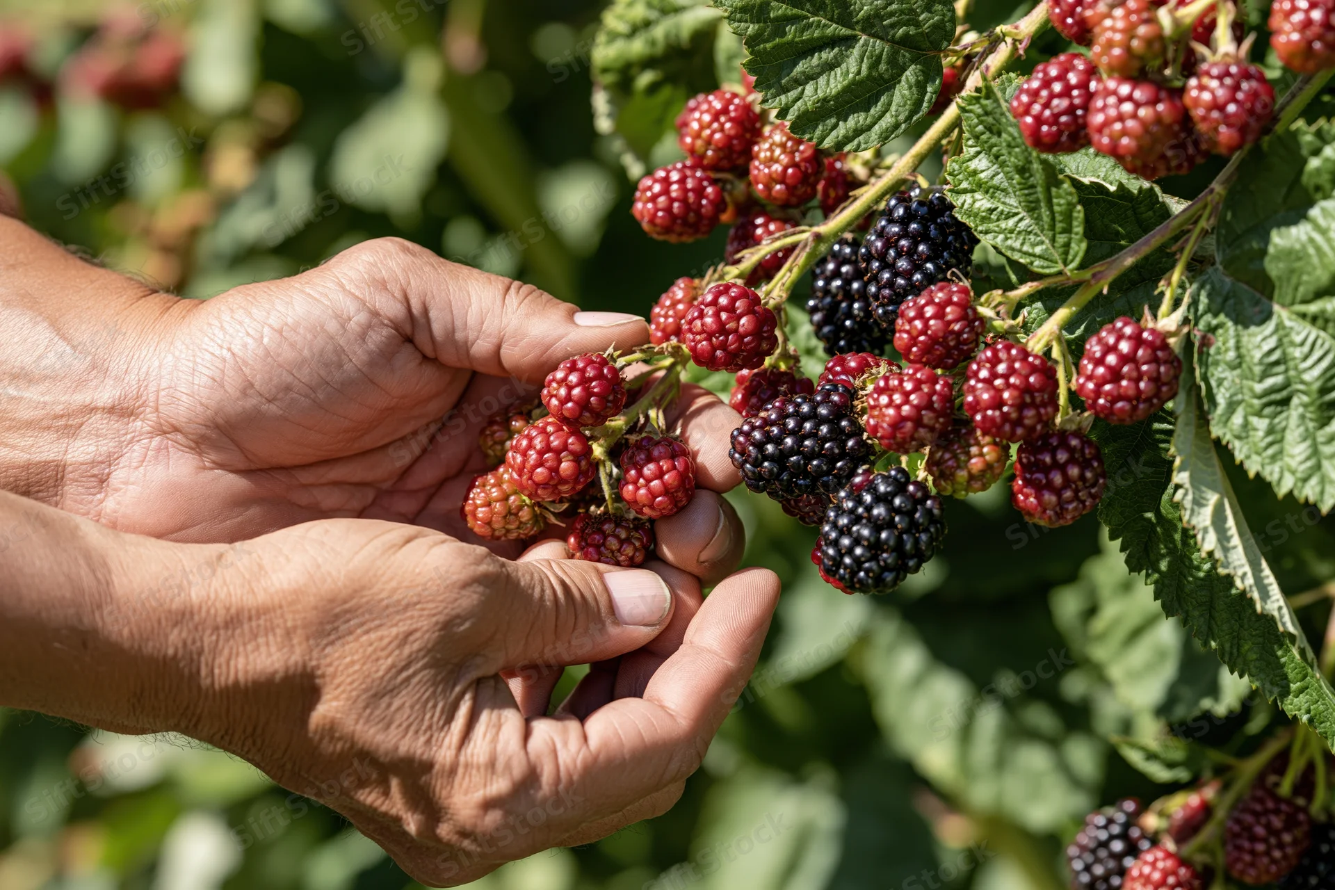 Hands harvesting ripe raspberries and blackberries from a bush in a garden
