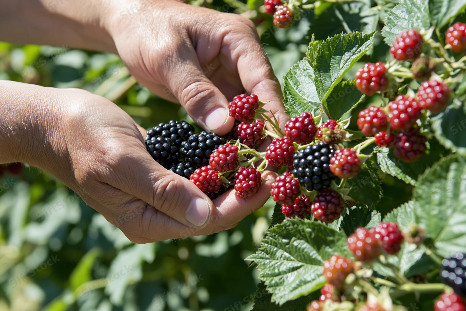 Hands picking ripe blackberries from a bush in a sunlit garden