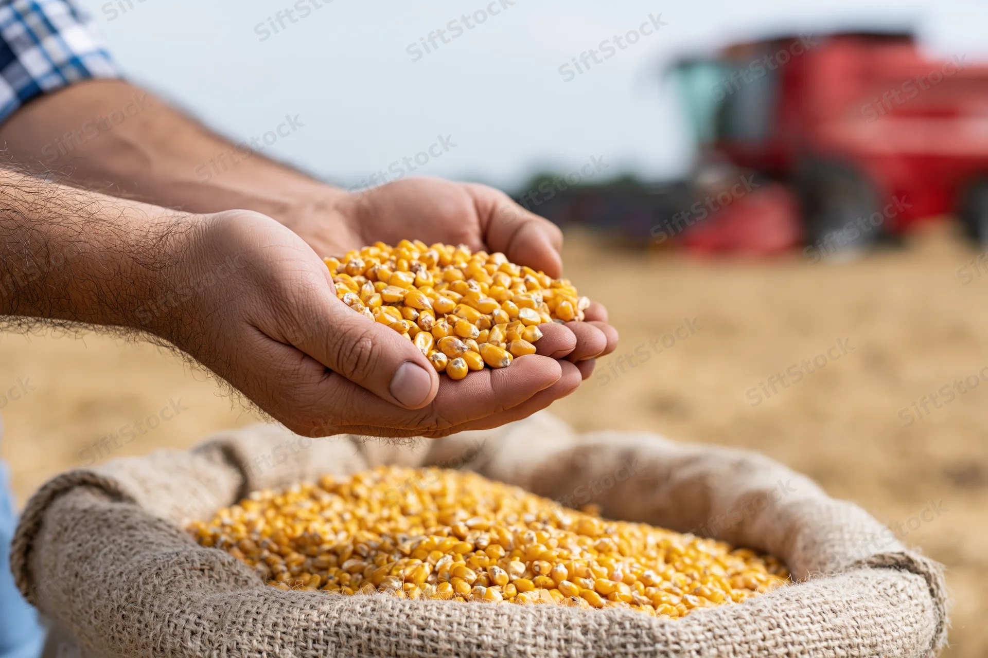Farmer holding corn kernels above a burlap sack in a field with combine harvester in background