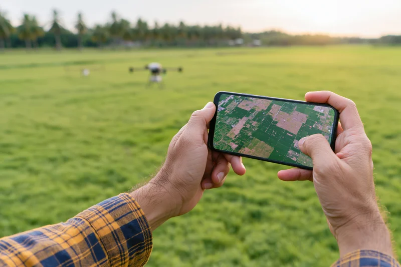 Hands holding smartphone displaying aerial crop map while controlling drone over green field