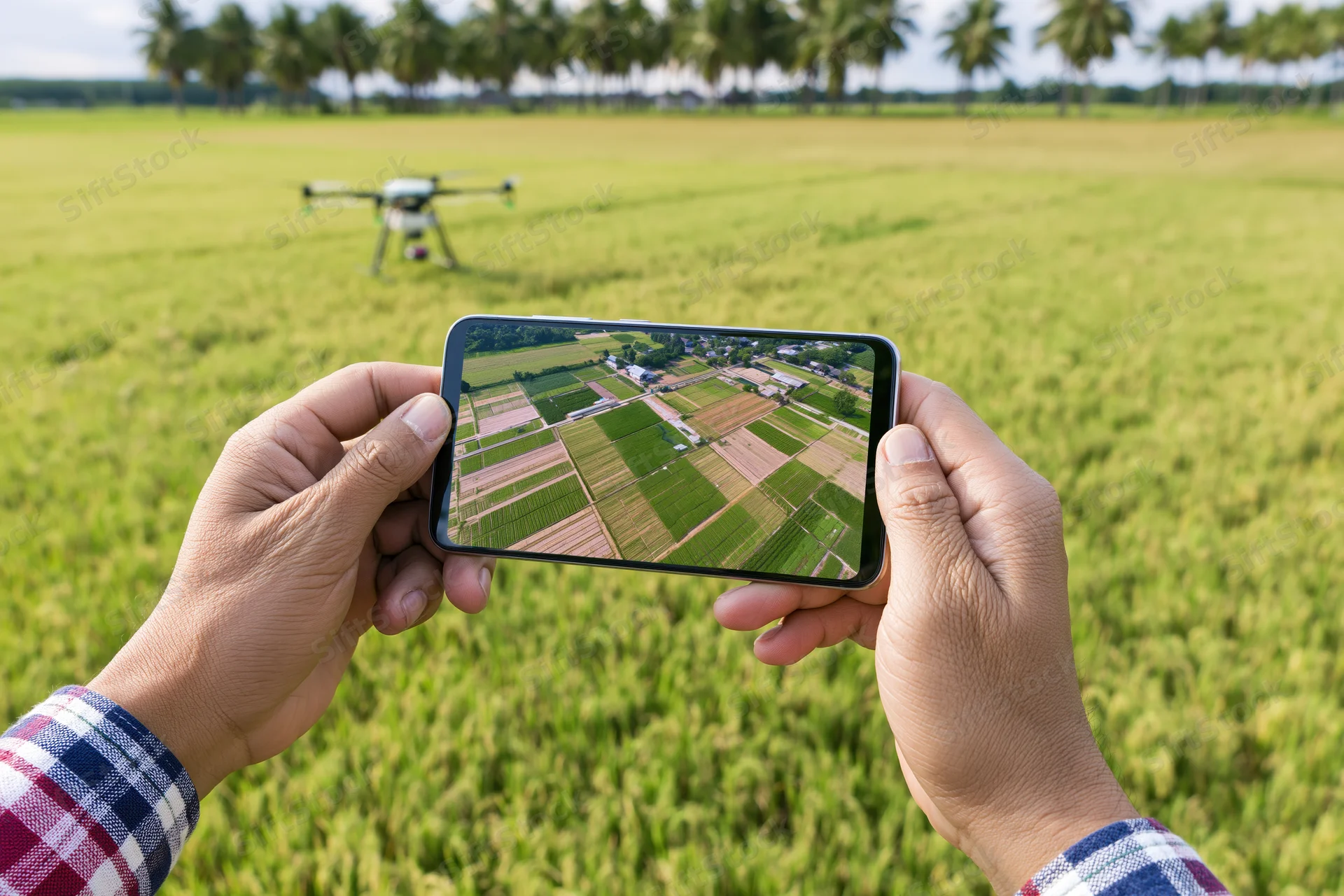Hands holding smartphone displaying aerial view of rice fields with drone flying in background