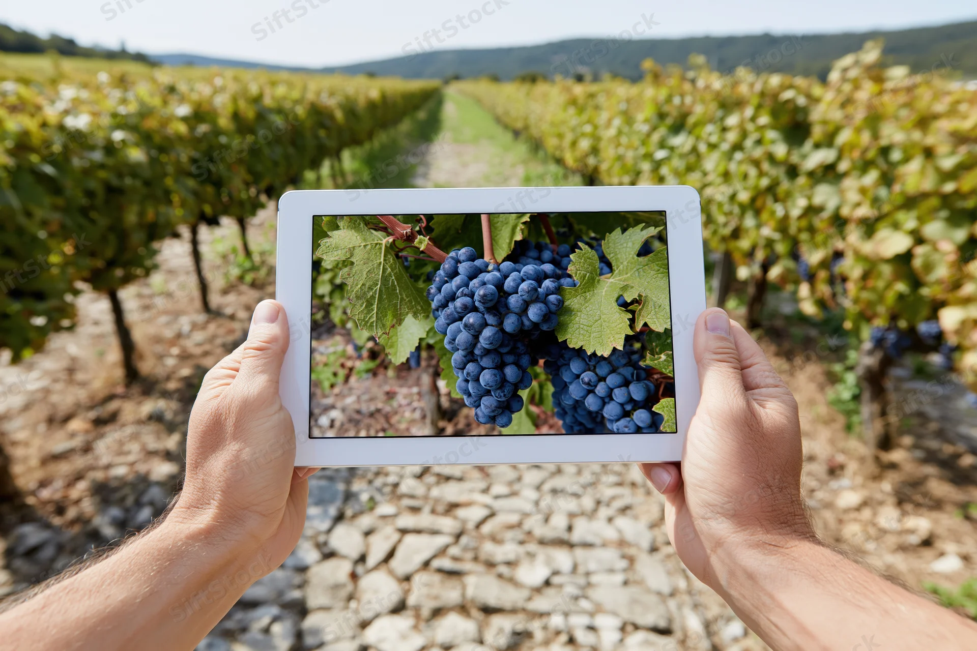 Hands holding tablet displaying close-up of grapes in vineyard field