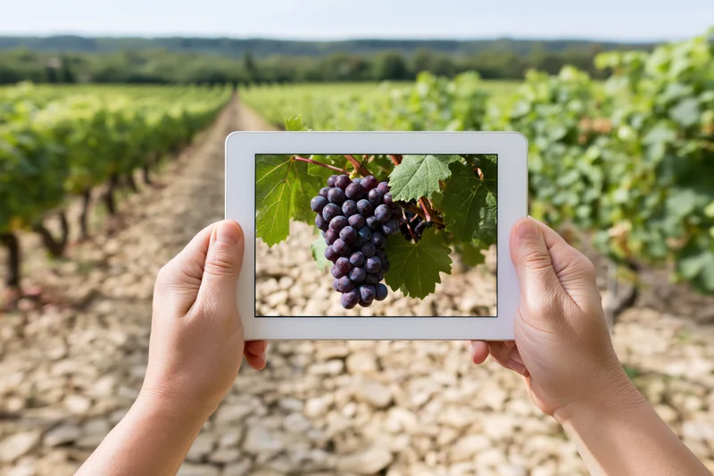 Hands holding tablet displaying closeup of grapes in vineyard field