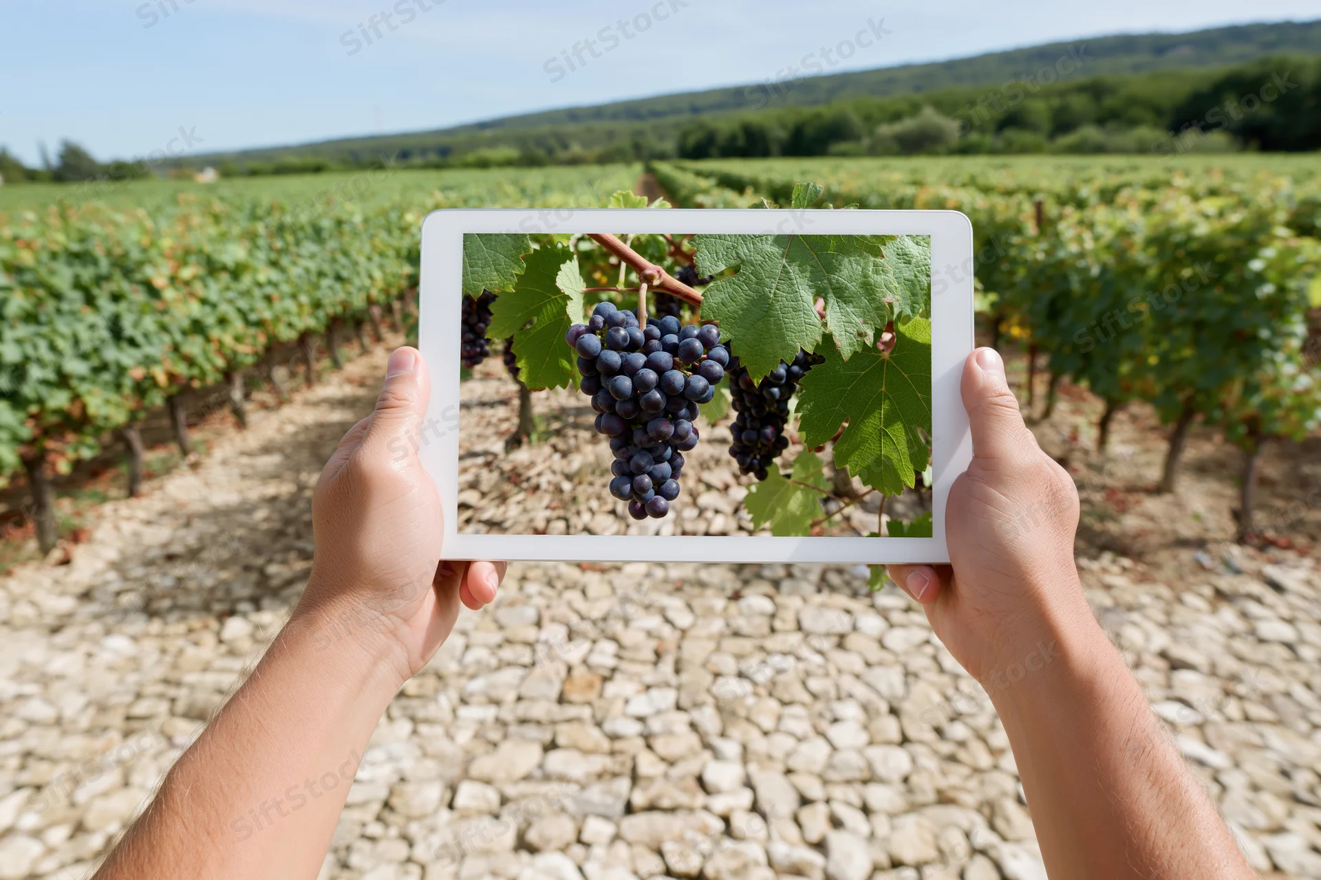 Hands holding tablet displaying closeup of grapes in vineyard field