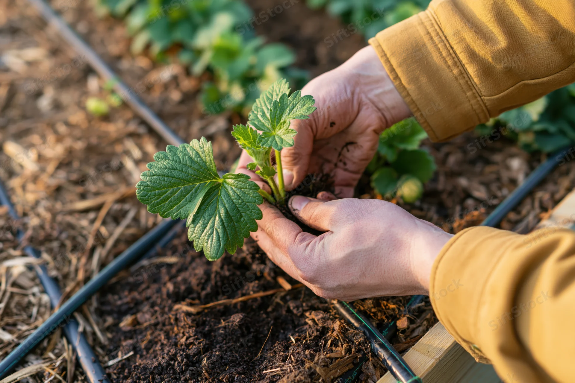Hands planting a strawberry seedling in soil with irrigation hoses nearby