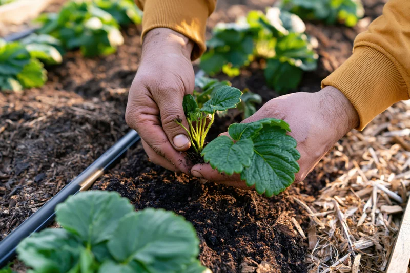 Hands planting a strawberry seedling in a garden bed with mulch and irrigation pipe