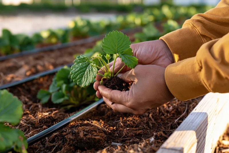 Woman holding strawberry seedling over raised garden bed with irrigation pipe and mulch