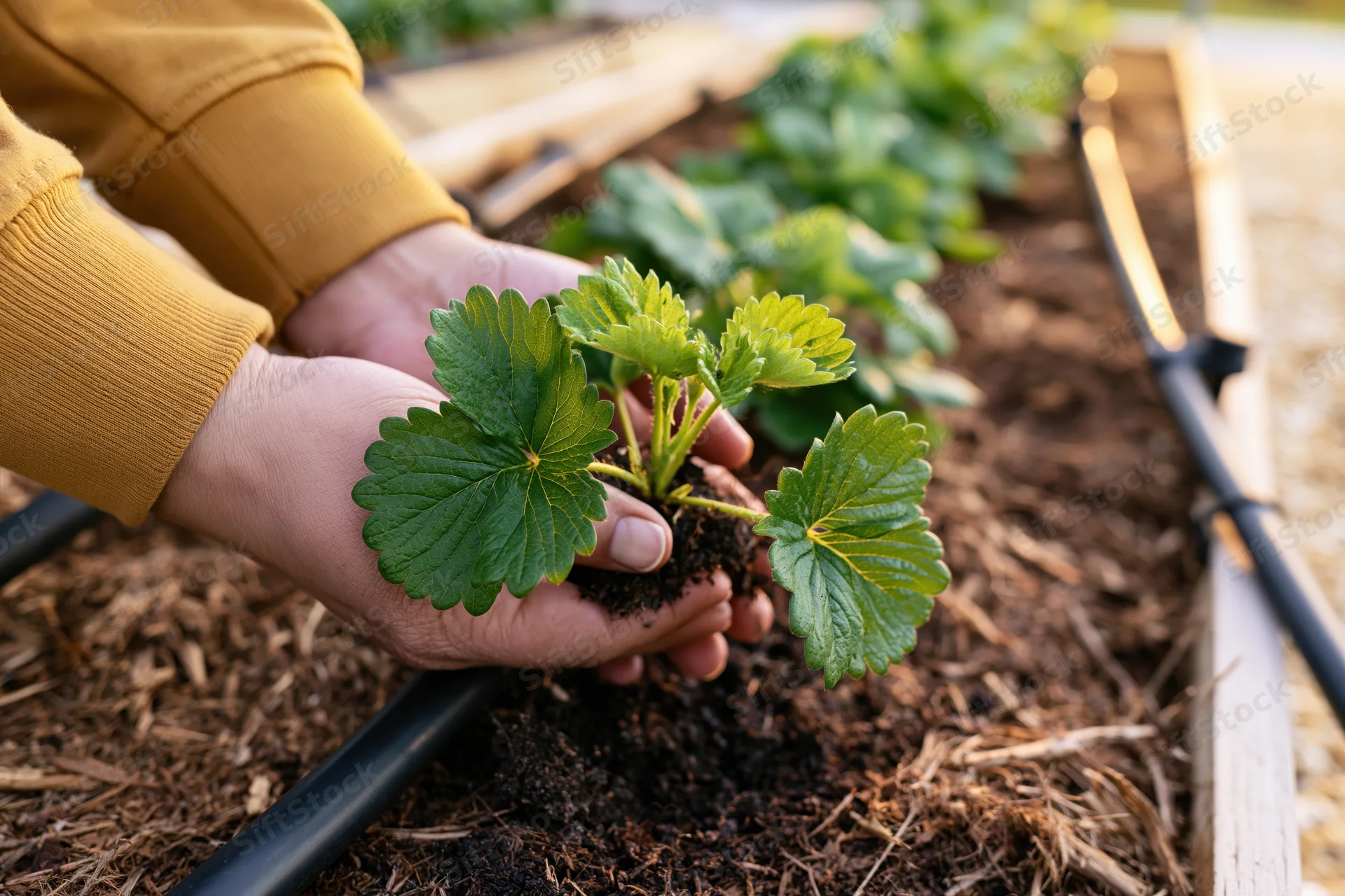 Hands planting a strawberry seedling in a raised garden bed with drip irrigation