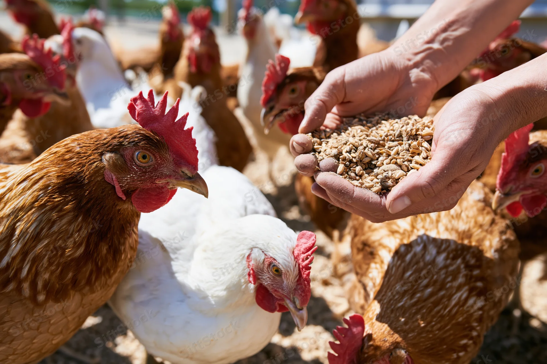 Hands feeding chickens with grains in a farm coop