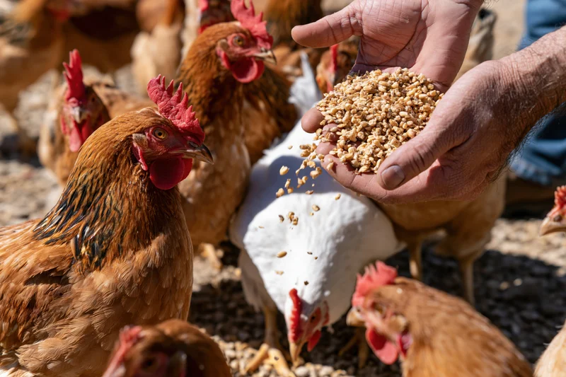 Hands feeding chickens with grain in a farmyard setting