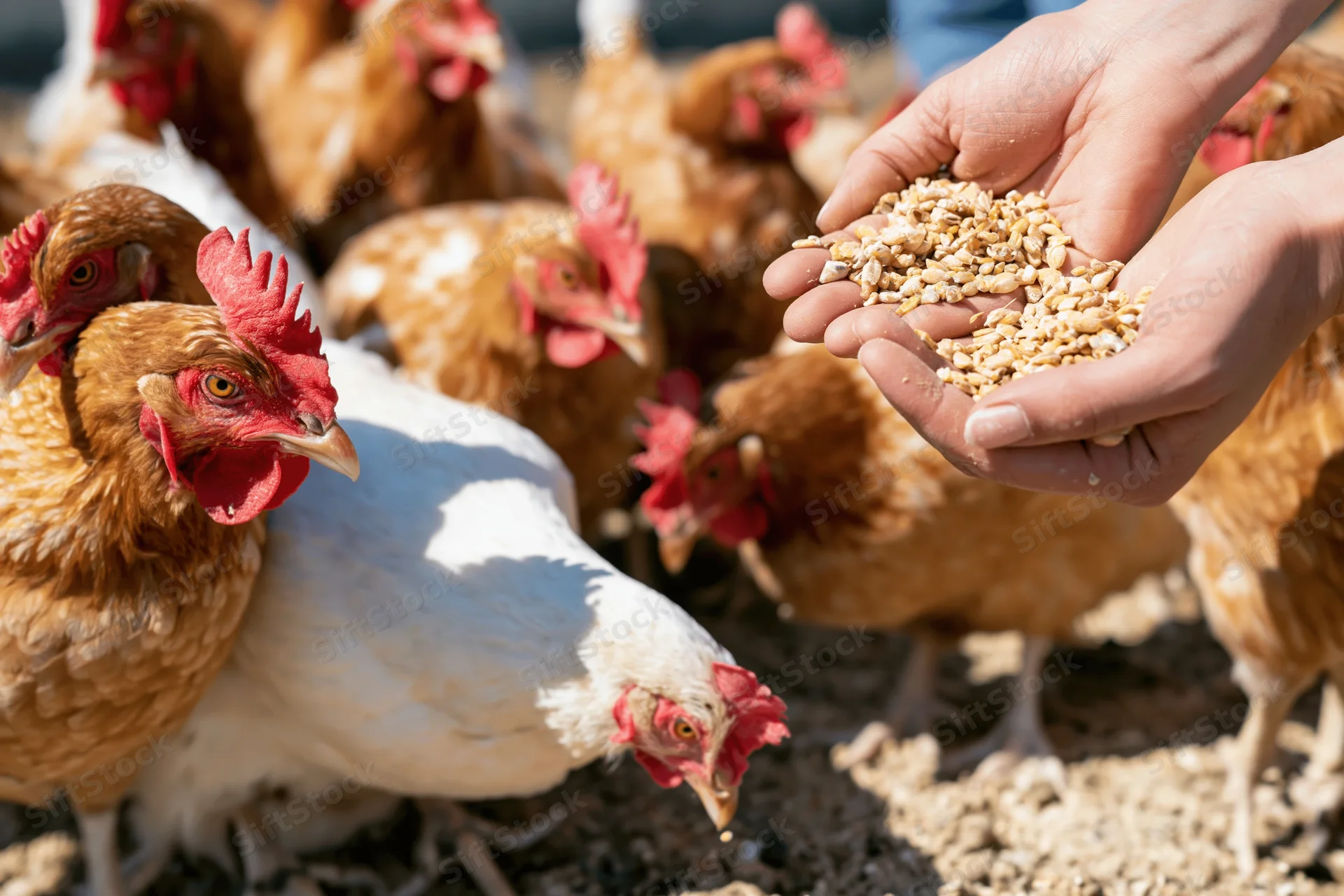Hands offering grains to chickens in a farmyard setting