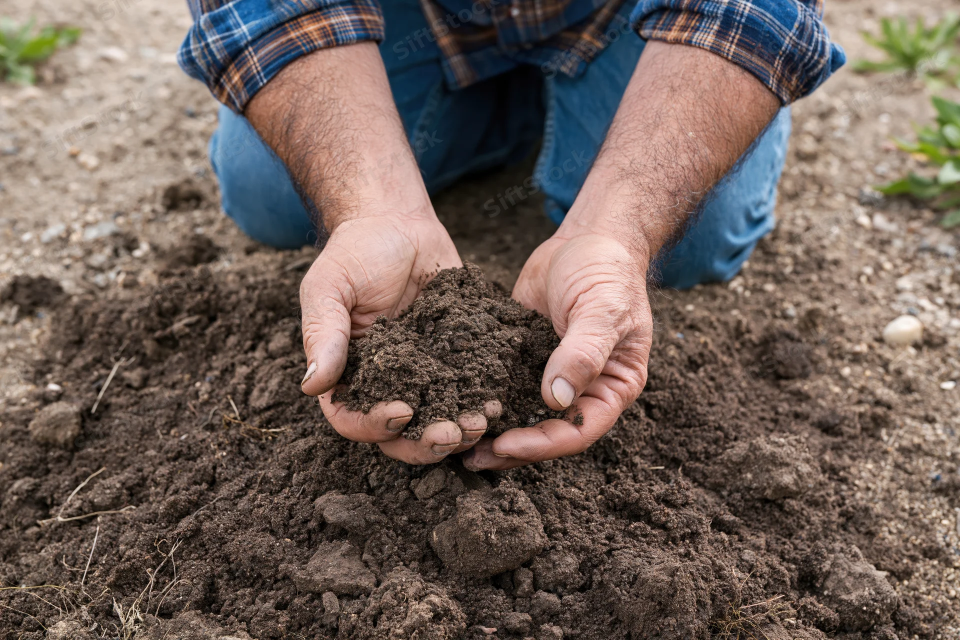 Hands holding soil in a garden setting