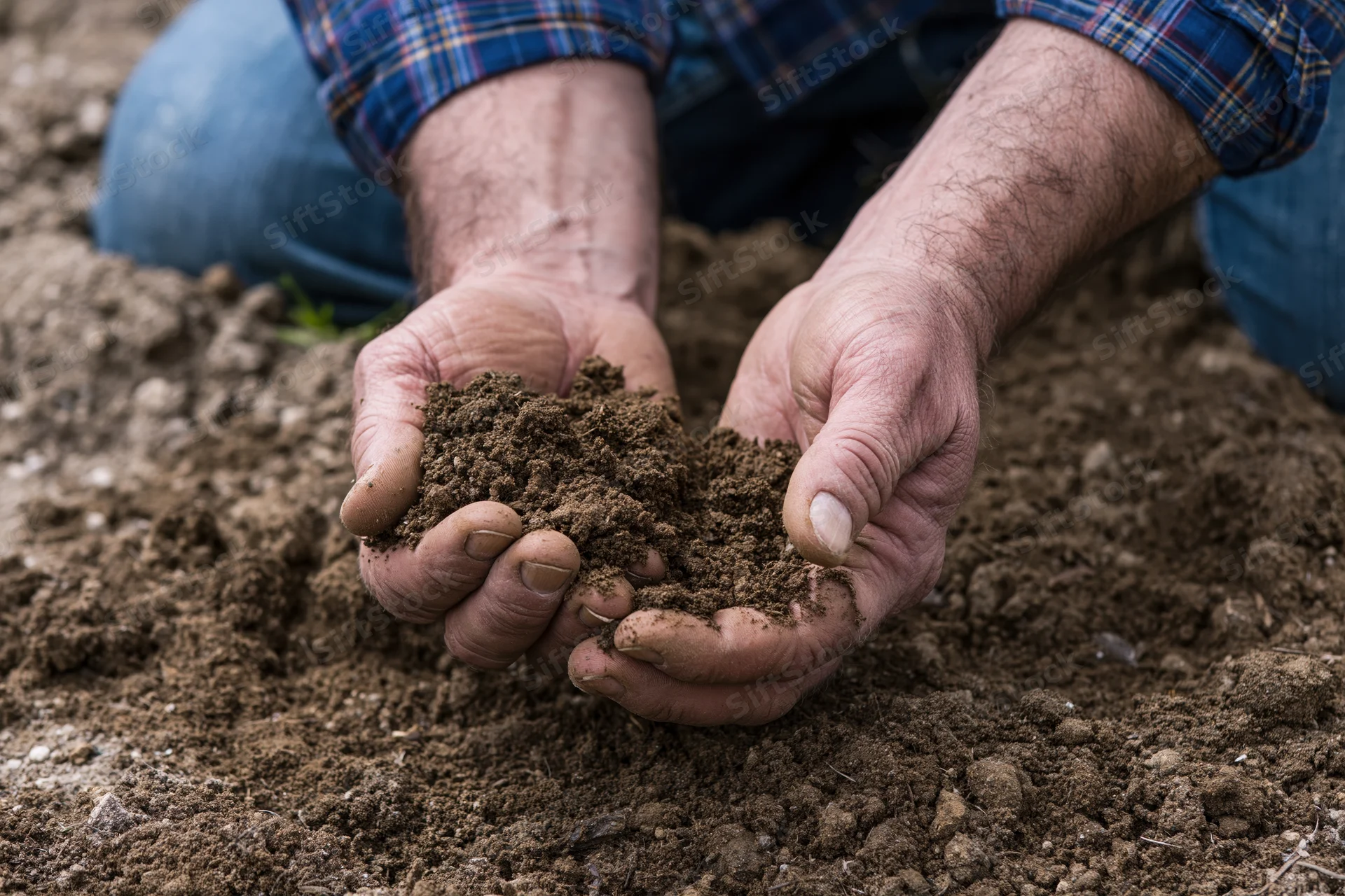 Hands holding soil in a cultivated field