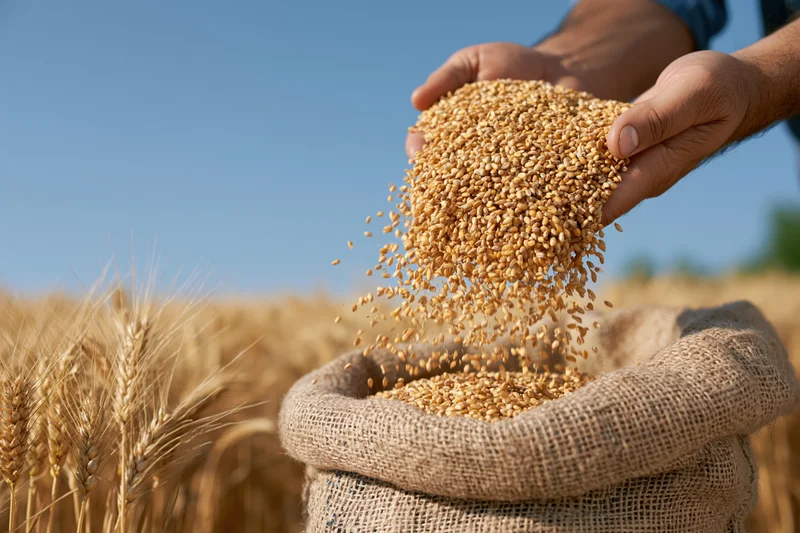 Hands pouring golden wheat grains into a burlap sack in a sunlit field