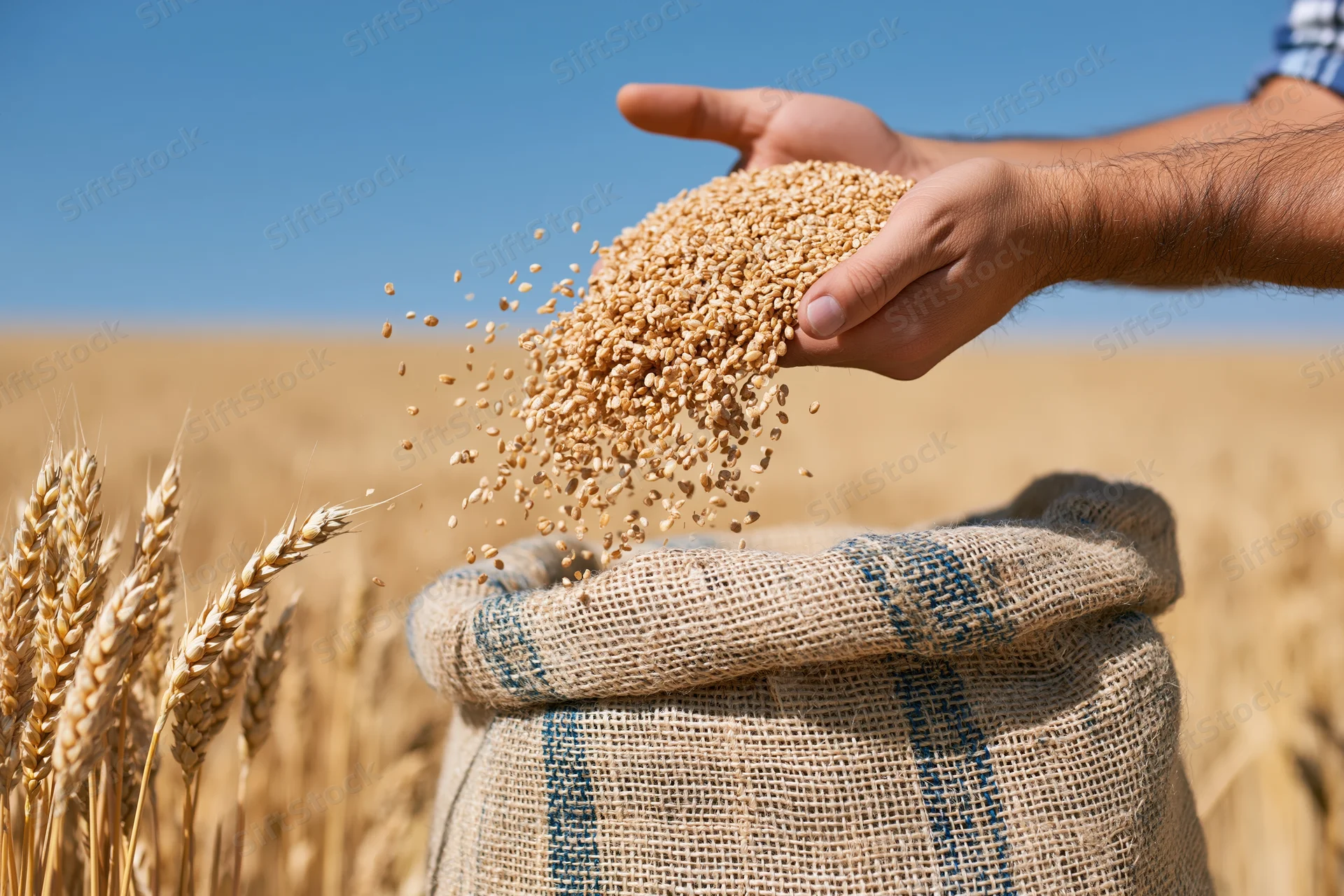 Hands pouring golden wheat grains into a burlap sack in a sunlit field