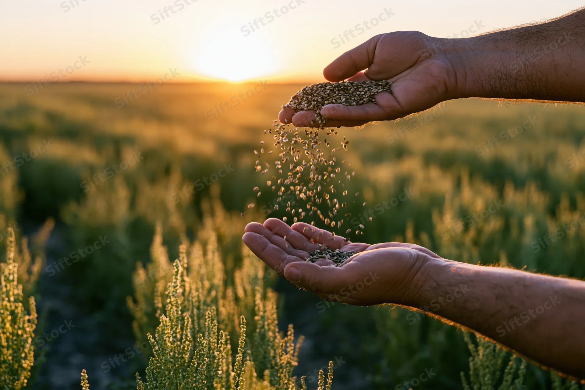 Hands releasing grain over a wheat field at sunset