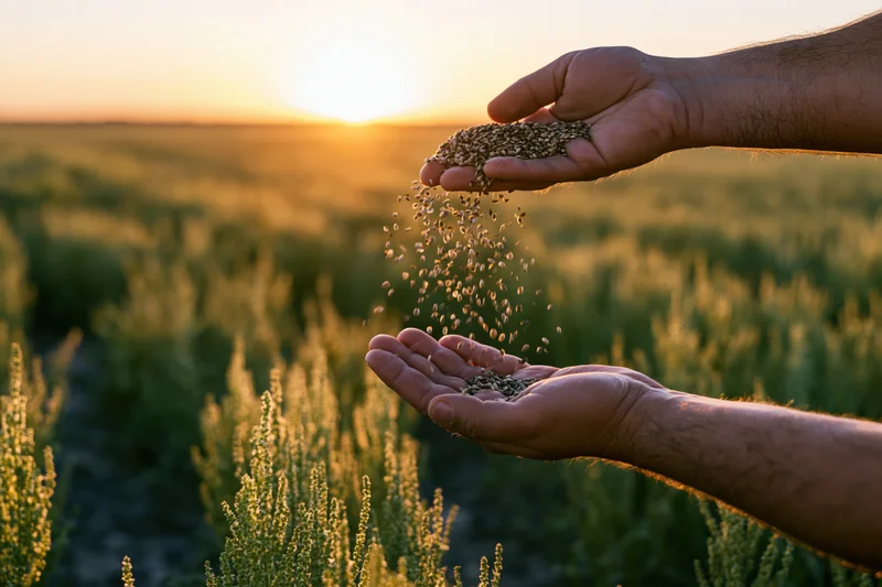 Hands releasing grain over a wheat field at sunset