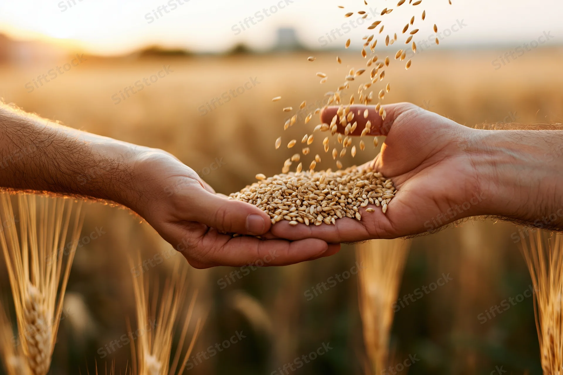 Hands transferring wheat grains in a golden field at sunset