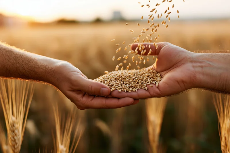 Hands transferring wheat grains in a golden field at sunset