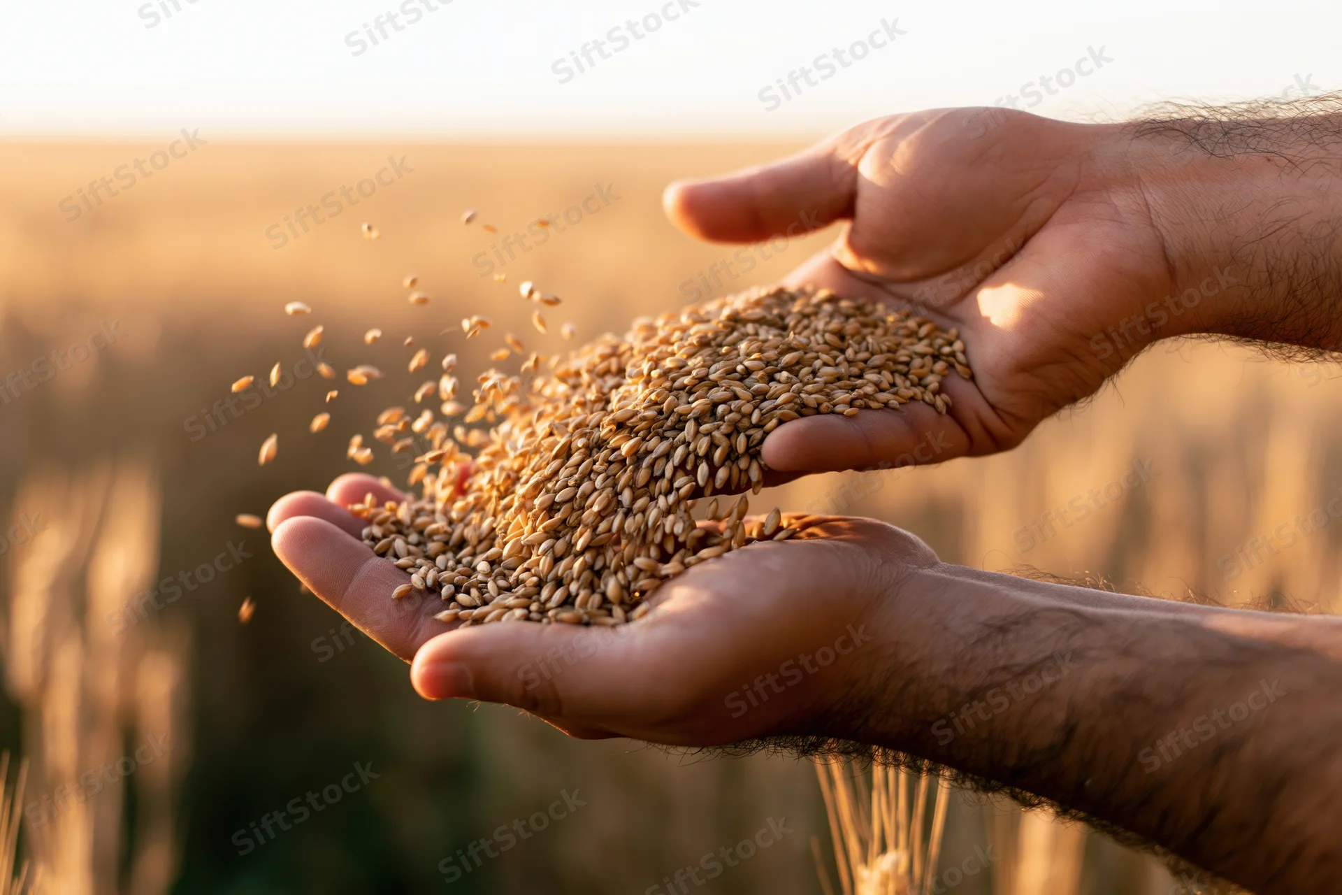 Hands releasing wheat grains over a field at sunset